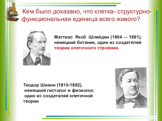 Кем было доказано, что клетка- структурно-функциональная единица всего живого? Маттиас Якоб Шлейден