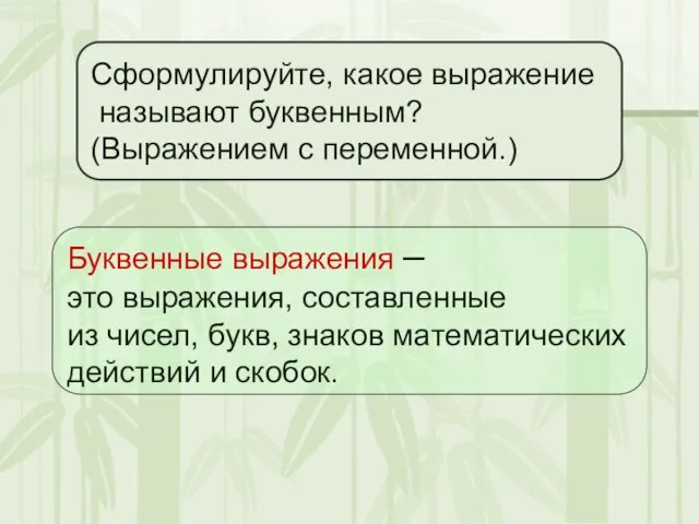 Буквенные выражения – это выражения, составленные из чисел, букв, знаков математических действий