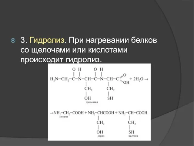 3. Гидролиз. При нагревании белков со щелочами или кислотами происходит гидролиз.