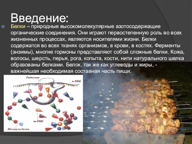 Введение: Белки – природные высокомолекулярные азотосодержащие органические соединения. Они играют первостепенную роль