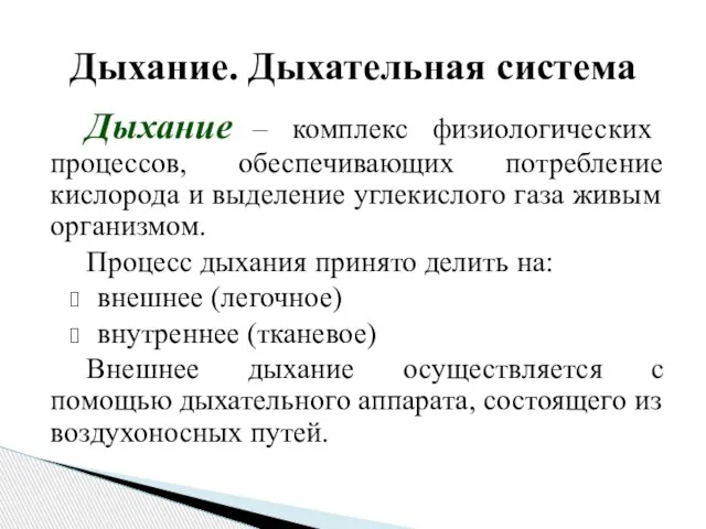 Дыхание – комплекс физиологических процессов, обеспечивающих потребление кислорода и выделение углекислого газа