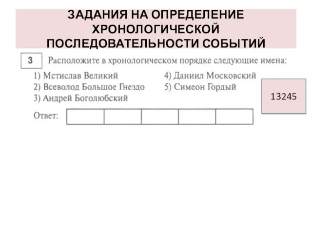 ЗАДАНИЯ НА ОПРЕДЕЛЕНИЕ ХРОНОЛОГИЧЕСКОЙ ПОСЛЕДОВАТЕЛЬНОСТИ СОБЫТИЙ 13245