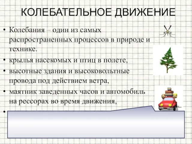 КОЛЕБАТЕЛЬНОЕ ДВИЖЕНИЕ Колебания – один из самых распространенных процессов в природе и