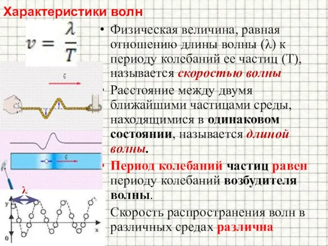 Характеристики волн Физическая величина, равная отношению длины волны (λ) к периоду колебаний