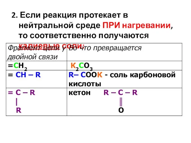 2. Если реакция протекает в нейтральной среде ПРИ нагревании, то соответственно получаются калиевые соли: