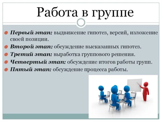 Работа в группе Первый этап: выдвижение гипотез, версий, изложение своей позиции. Второй