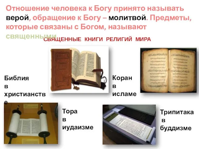 СВЯЩЕННЫЕ КНИГИ РЕЛИГИЙ МИРА Библия в христианстве Тора в иудаизме Коран в