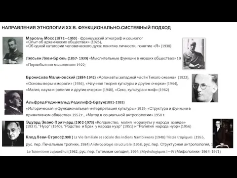 НАПРАВЛЕНИЯ ЭТНОЛОГИИ ХХ В. ФУНКЦИОНАЛЬНО-СИСТЕМНЫЙ ПОДХОД Марсель Мосс (1872—1950) - французский этнограф