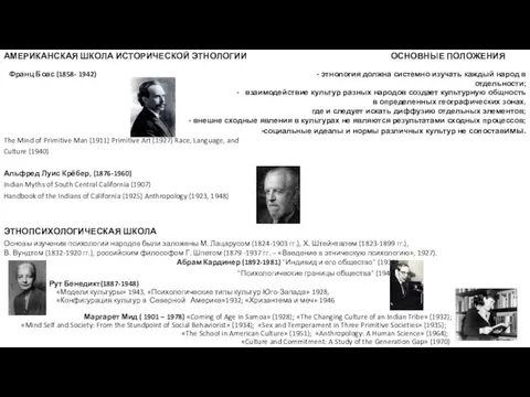 АМЕРИКАНСКАЯ ШКОЛА ИСТОРИЧЕСКОЙ ЭТНОЛОГИИ ОСНОВНЫЕ ПОЛОЖЕНИЯ Франц Боас (1858- 1942) - этнология