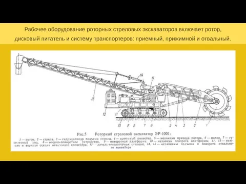 Рабочее оборудование роторных стреловых экскаваторов включает ротор, дисковый питатель и систему транспортеров: приемный, прижимной и отвальный.