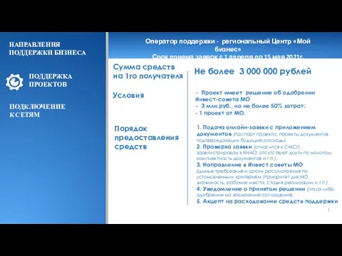 Условия Оператор поддержки - региональный Центр «Мой бизнес» Срок приема заявок с