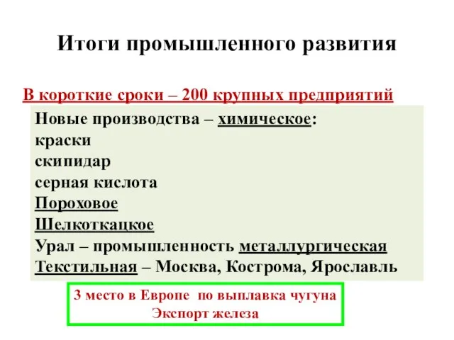 Итоги промышленного развития В короткие сроки – 200 крупных предприятий Новые производства