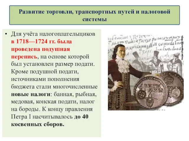 Для учёта налогоплательщиков в 1718—1724 гг. была проведена подушная перепись, на основе