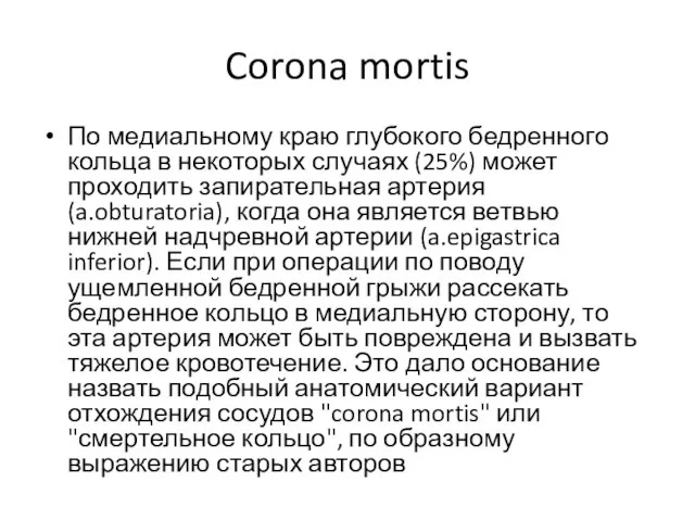 Corona mortis По медиальному краю глубокого бедренного кольца в некоторых случаях (25%)