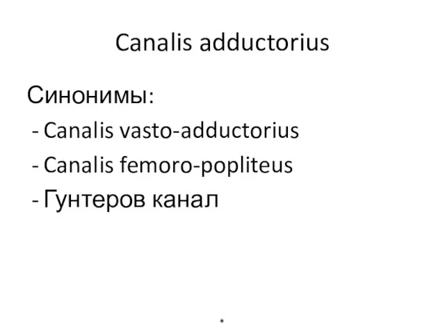 Canalis adductorius Синонимы: Canalis vasto-adductorius Canalis femoro-popliteus Гунтеров канал *