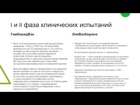 I и II фаза клинических испытаний ГамКовидВак Фаза I и II клинических