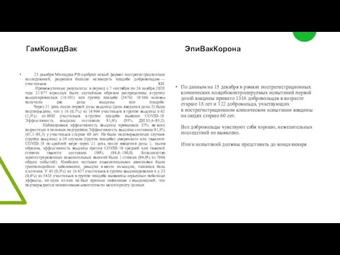 ГамКовидВак ЭпиВакКорона 23 декабря Минздрав РФ одобрил новый формат пострегистрационных исследований, разрешив