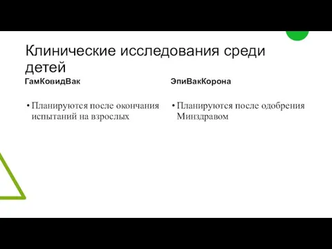 Клинические исследования среди детей ГамКовидВак Планируются после окончания испытаний на взрослых ЭпиВакКорона Планируются после одобрения Минздравом