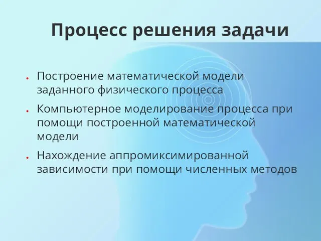 Процесс решения задачи Построение математической модели заданного физического процесса Компьютерное моделирование процесса