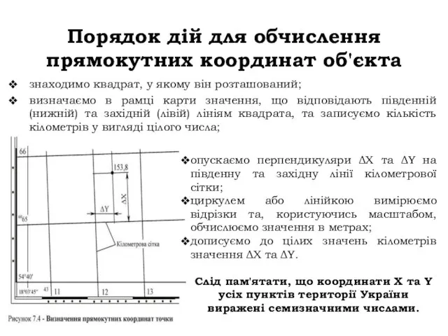 Порядок дій для обчислення прямокутних координат об'єкта знаходимо квадрат, у якому він