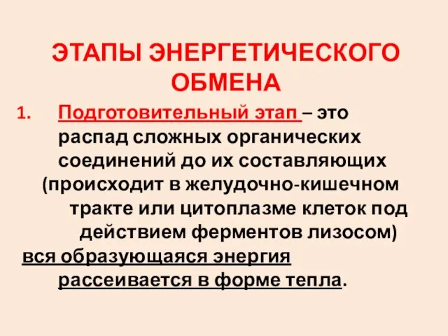 ЭТАПЫ ЭНЕРГЕТИЧЕСКОГО ОБМЕНА Подготовительный этап – это распад сложных органических соединений до