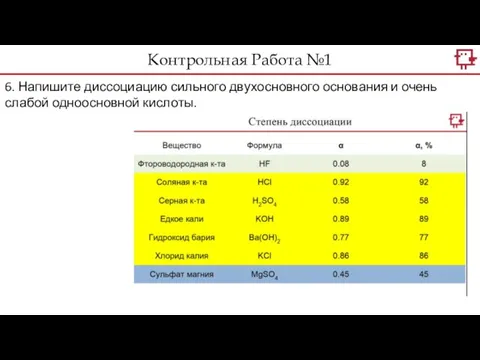 Контрольная Работа №1 6. Напишите диссоциацию сильного двухосновного основания и очень слабой одноосновной кислоты.