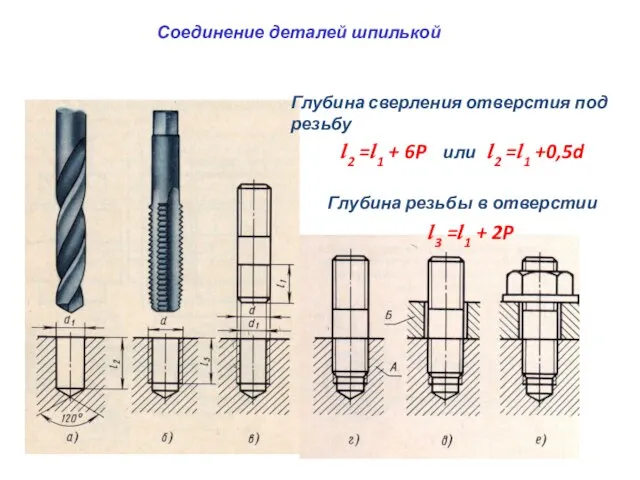 Соединение деталей шпилькой Глубина сверления отверстия под резьбу l2 =l1 + 6P