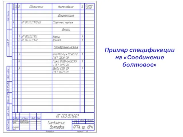 Пример спецификации на «Соединение болтовое»