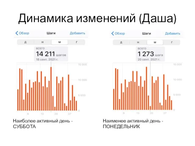 Динамика изменений (Даша) Наиболее активный день - СУББОТА Наименее активный день - ПОНЕДЕЛЬНИК