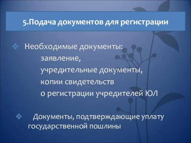 5.Подача документов для регистрации Необходимые документы: заявление, учредительные документы, копии свидетельств о