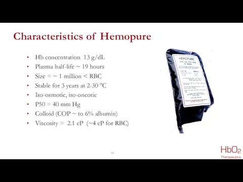 Characteristics of Hemopure Hb concentration 13 g/dL Plasma half-life ~ 19 hours