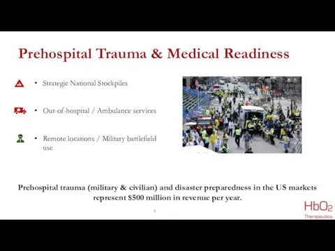 Strategic National Stockpiles Out-of-hospital / Ambulance services Remote locations / Military battlefield