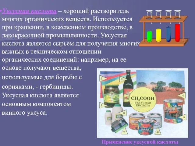 Уксусная кислота – хороший растворитель многих органических веществ. Используется при крашении, в