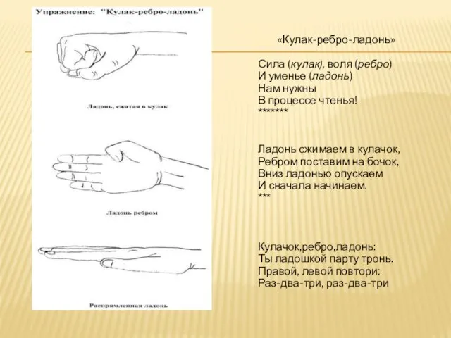 «Кулак-ребро-ладонь» Сила (кулак), воля (ребро) И уменье (ладонь) Нам нужны В процессе