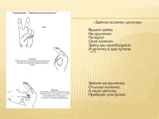 «Зайчик-колечко-цепочка» Вышел зайка На крылечко. Потерял Своё колечко. Зайку мы приободрили И