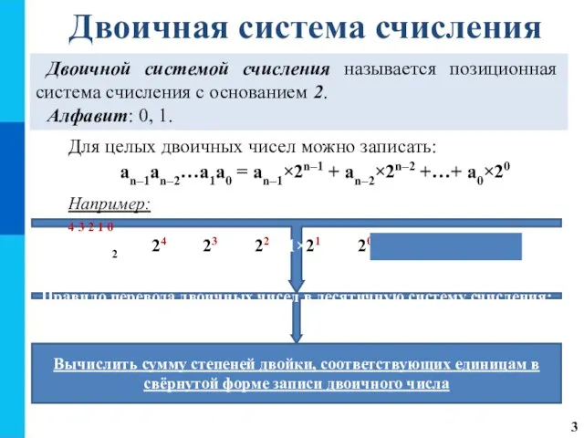 Двоичная система счисления Двоичной системой счисления называется позиционная система счисления с основанием