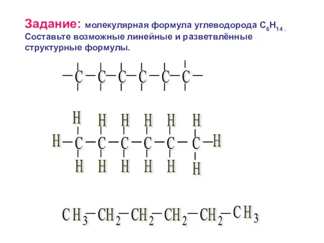 Задание: молекулярная формула углеводорода C6H14 . Составьте возможные линейные и разветвлённые структурные формулы.