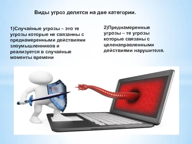 1)Случайные угрозы – это те угрозы которые не связанны с преднамеренными действиями