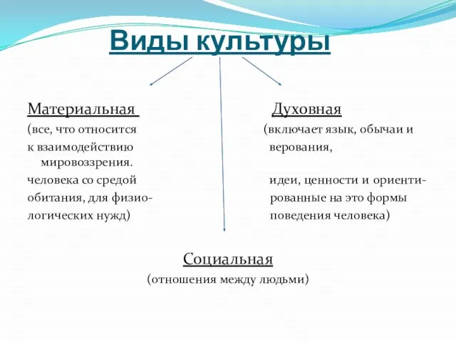 Виды культуры Материальная Духовная (все, что относится (включает язык, обычаи и к