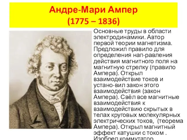 Андре-Мари Ампер (1775 – 1836) Основные труды в области электродинамики. Автор первой