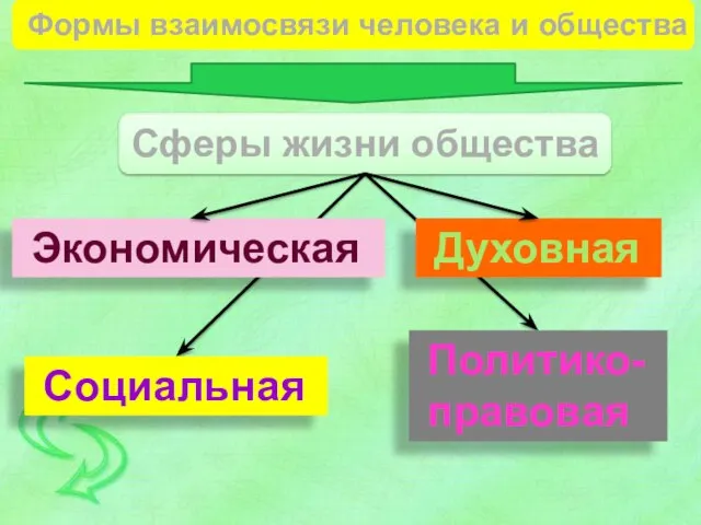 Формы взаимосвязи человека и общества Сферы жизни общества Экономическая Духовная Социальная Политико- правовая