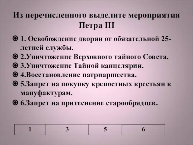 Из перечисленного выделите мероприятия Петра III 1. Освобождение дворян от обязательной 25-летней