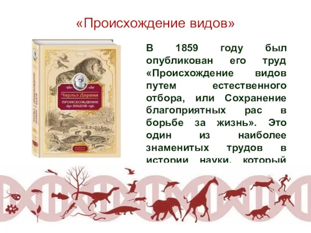 «Происхождение видов» В 1859 году был опубликован его труд «Происхождение видов путем