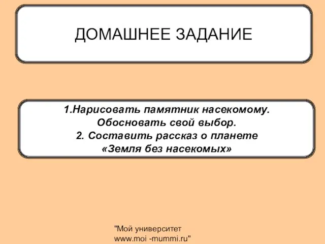 "Мой университет www.moi -mummi.ru" ДОМАШНЕЕ ЗАДАНИЕ ДОМАШНЕЕ ЗАДАНИЕ 1.Нарисовать памятник насекомому. Обосновать