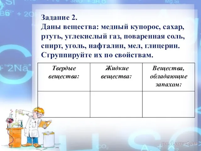 Задание 2. Даны вещества: медный купорос, сахар, ртуть, углекислый газ, поваренная соль,