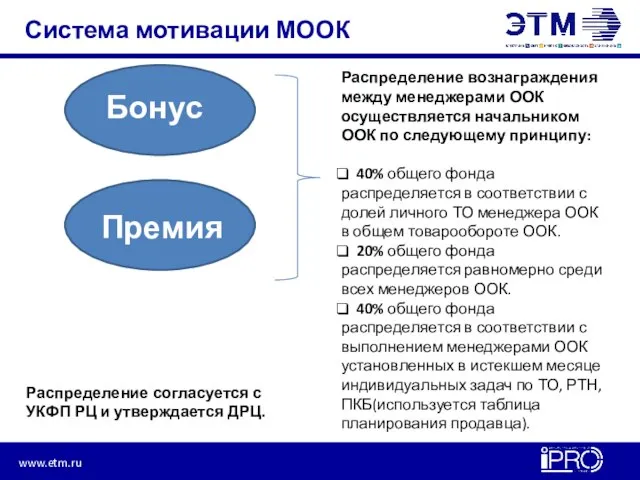 Система мотивации МООК Бонус Премия Распределение согласуется с УКФП РЦ и утверждается