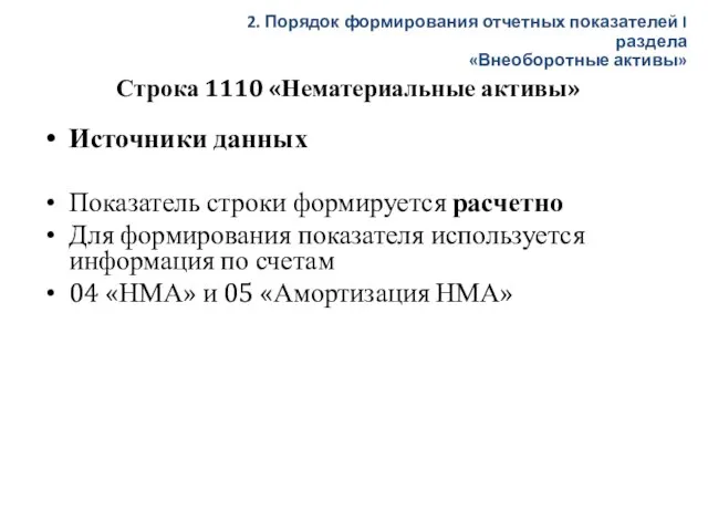 Строка 1110 «Нематериальные активы» Источники данных Показатель строки формируется расчетно Для формирования