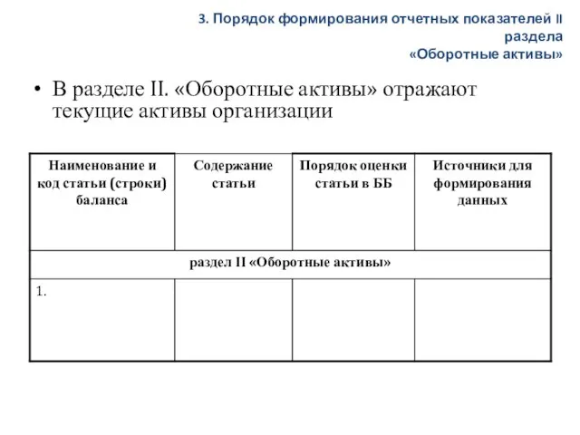 В разделе II. «Оборотные активы» отражают текущие активы организации 3. Порядок формирования