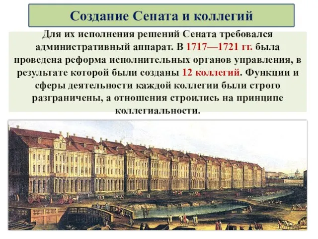 Для их исполнения решений Сената требовался административный аппарат. В 1717—1721 гг. была