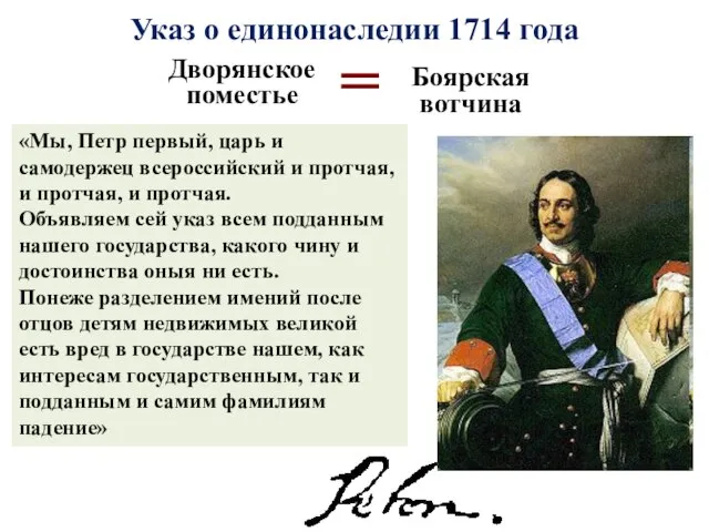 Указ о единонаследии 1714 года Дворянское поместье Боярская вотчина = «Мы, Петр